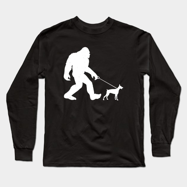 Funny Bigfoot Walking Doberman Pinscher Sasquatch Long Sleeve T-Shirt by Wakzs3Arts